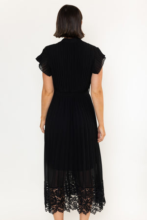 Black Pleated Lace Trim Detail A-Line Short Sleeve Shirt Midi Dress
