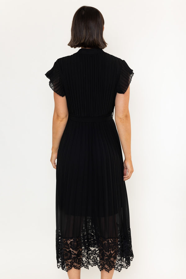 Black Pleated Lace Trim Detail A-Line Short Sleeve Shirt Midi Dress