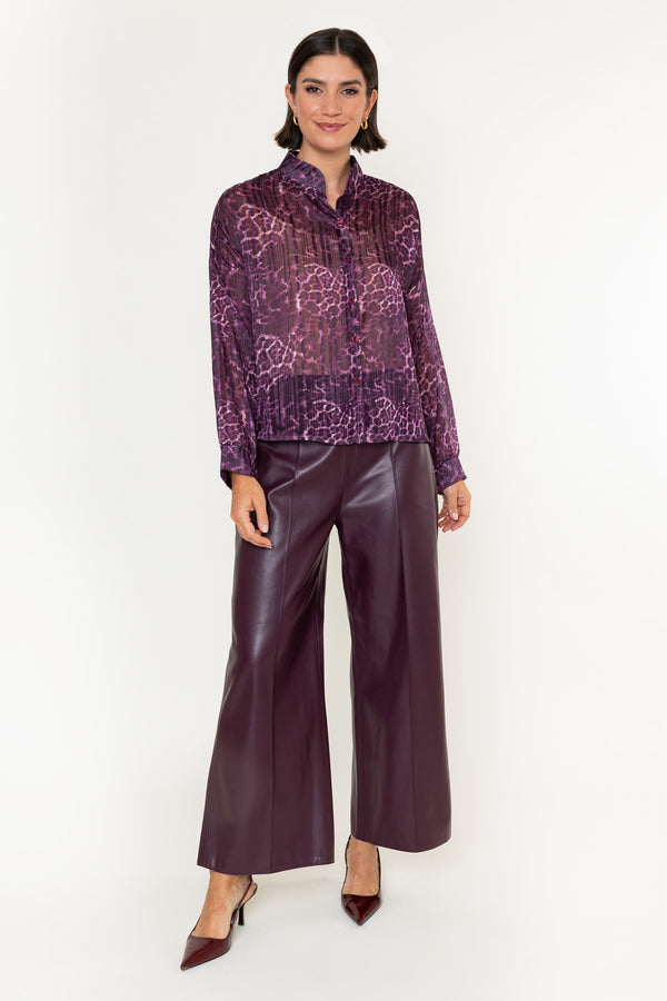 Burgundy Sheer Lurex Animal Print Long Sleeve Blouse
