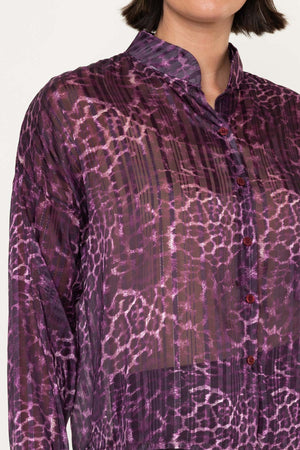 Burgundy Sheer Lurex Animal Print Long Sleeve Blouse