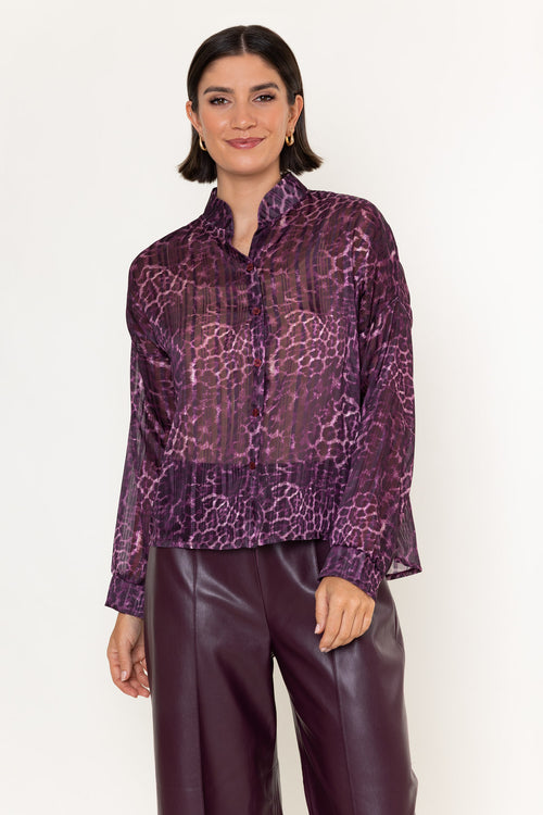 Burgundy Sheer Lurex Animal Print Long Sleeve Blouse