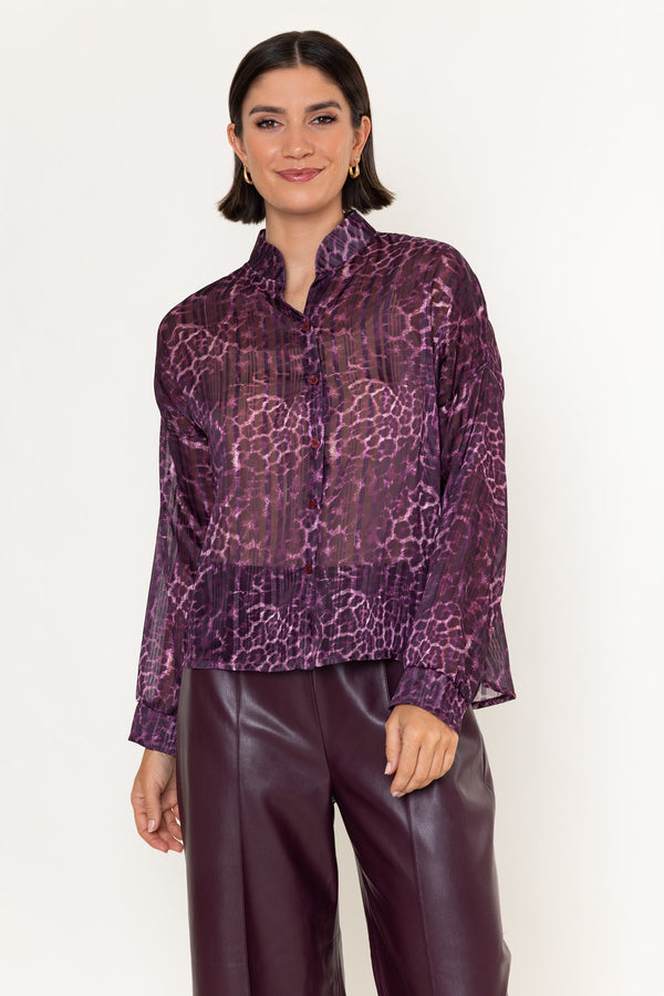 Burgundy Sheer Lurex Animal Print Long Sleeve Blouse