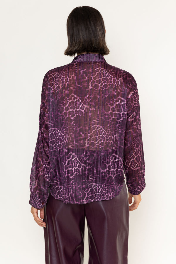Burgundy Sheer Lurex Animal Print Long Sleeve Blouse