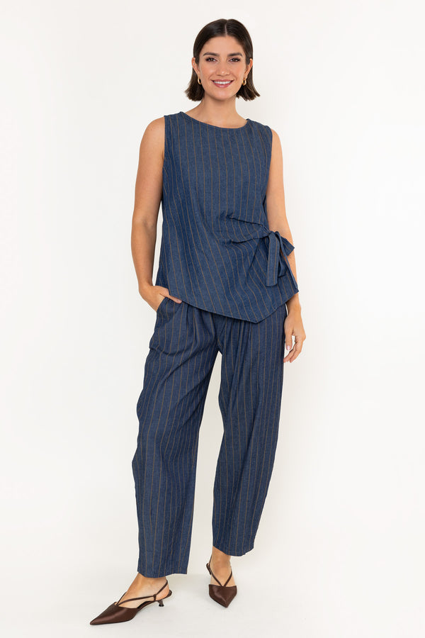 Striped Cotton Belted High Waisted Barrel Jeans