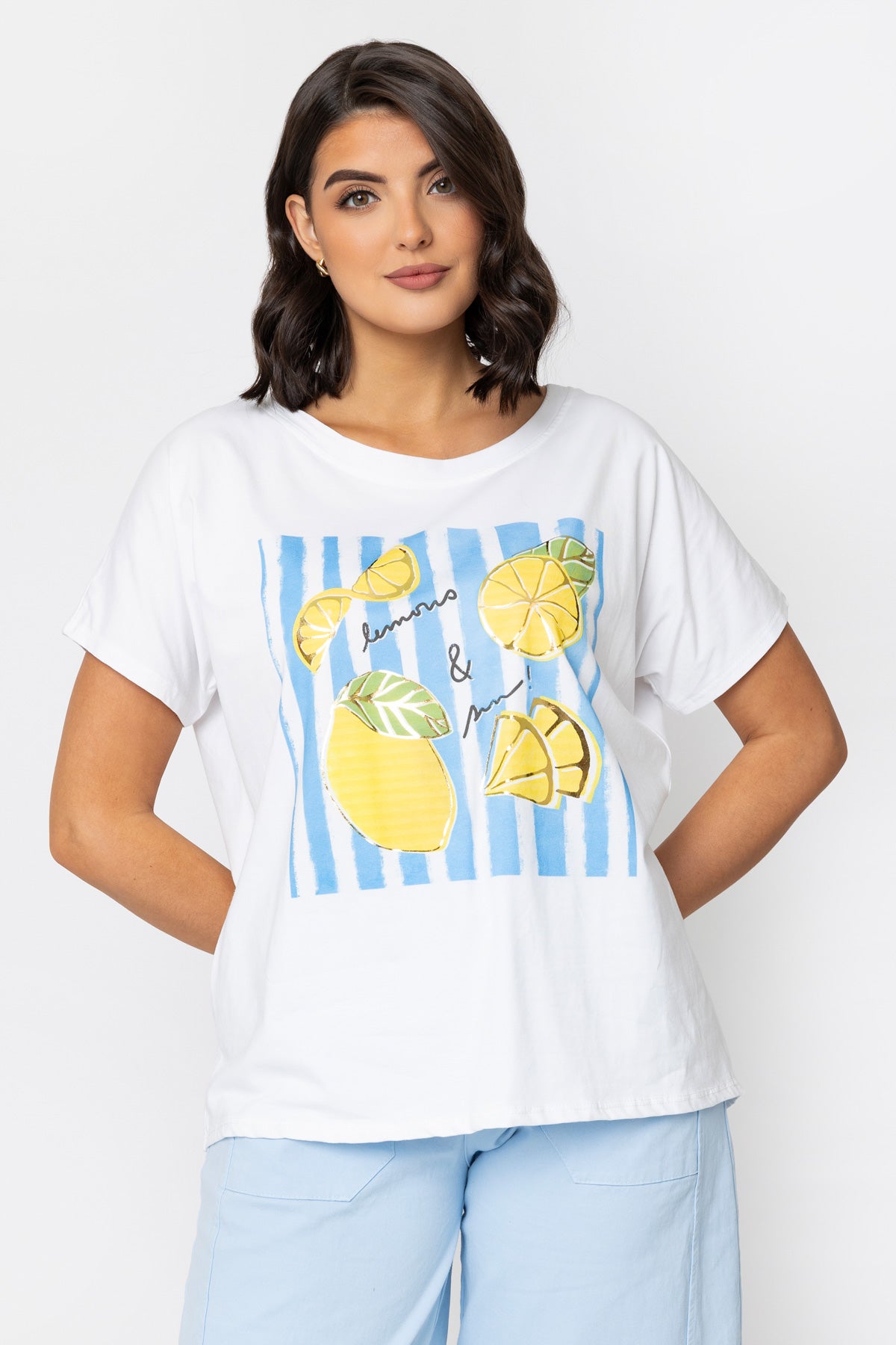 Lemons Print Dip Hem T-Shirt