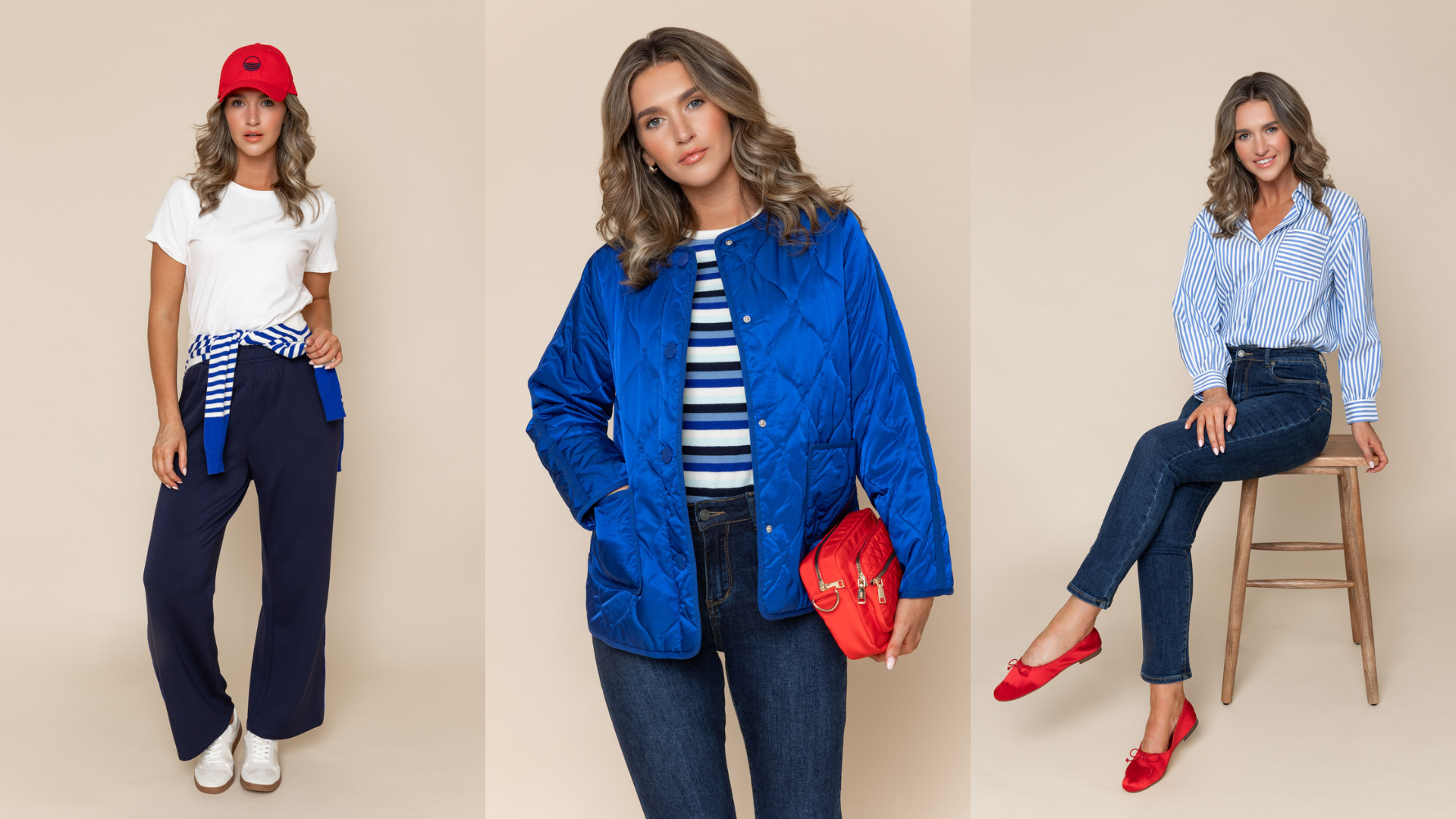 Three women modeling different outfits against a solid beige studio background. The center model wears a bright blue quilted jacket over a navy and white striped top with dark jeans and holds a red handbag.