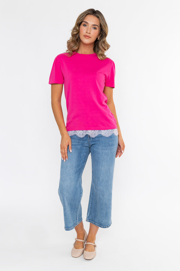 Pink Viscose Blend Regular Fit Lace Trim Short Sleeve T-Shirt