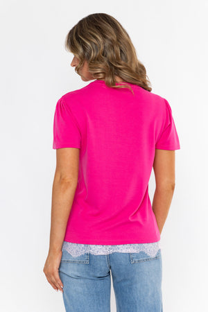 Pink Viscose Blend Regular Fit Lace Trim Short Sleeve T-Shirt