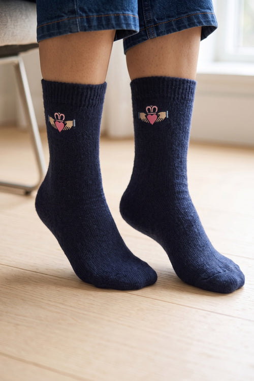 Navy Cotton Blend Claddagh Embroidered Socks