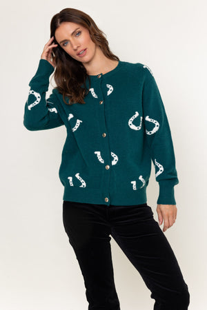 Green Equestrian Horseshoe Motif Knit Cardigan