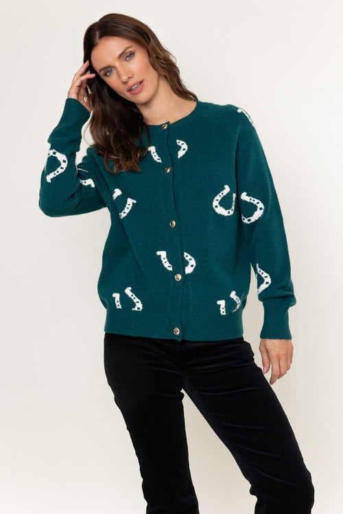 Green Equestrian Horseshoe Motif Knit Cardigan