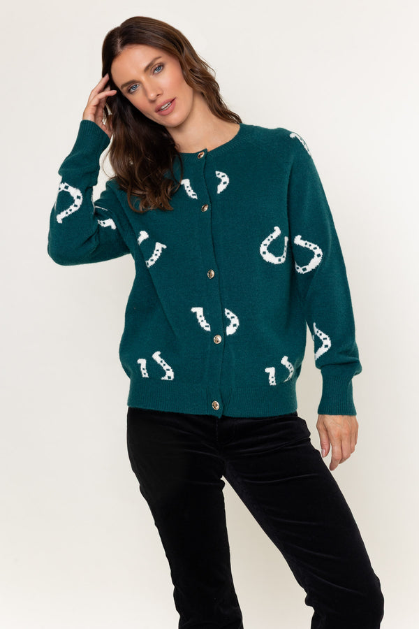 Green Equestrian Horseshoe Motif Knit Cardigan