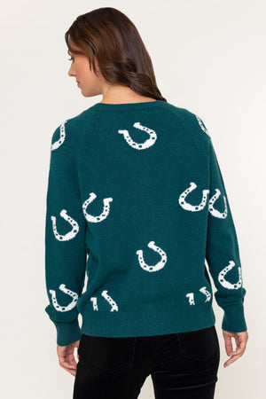 Green Equestrian Horseshoe Motif Knit Cardigan