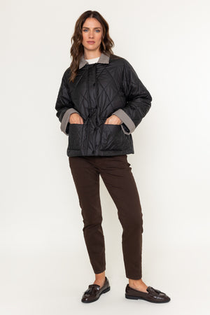 Black Short Padded Coat with Check Collar