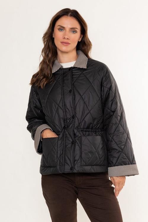 Black Short Padded Coat with Check Collar