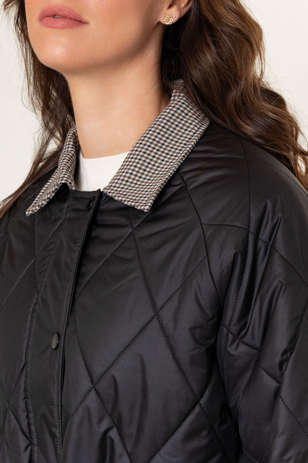 Black Short Padded Coat with Check Collar