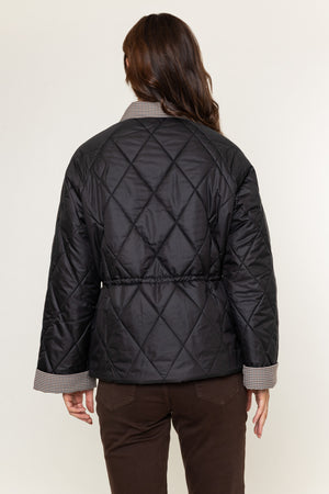 Black Short Padded Coat with Check Collar