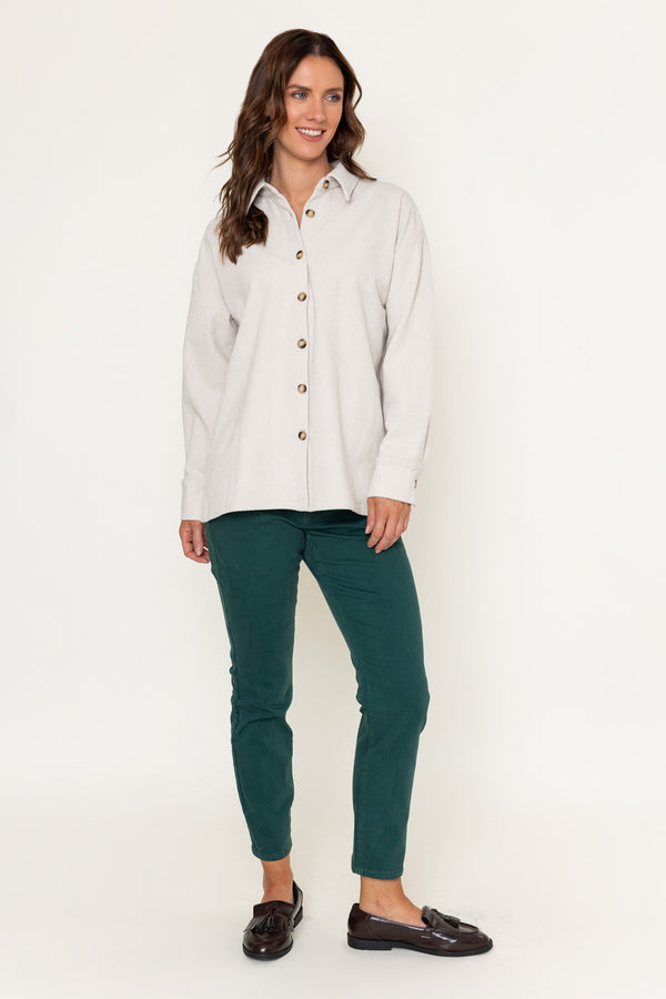 Cream Stretch Corduroy Long Sleeve Shirt