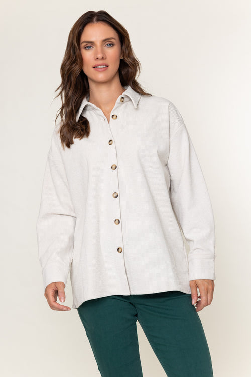 Cream Stretch Corduroy Long Sleeve Shirt