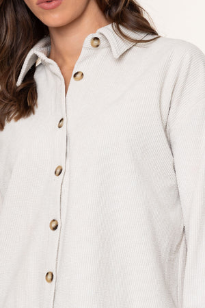 Cream Stretch Corduroy Long Sleeve Shirt