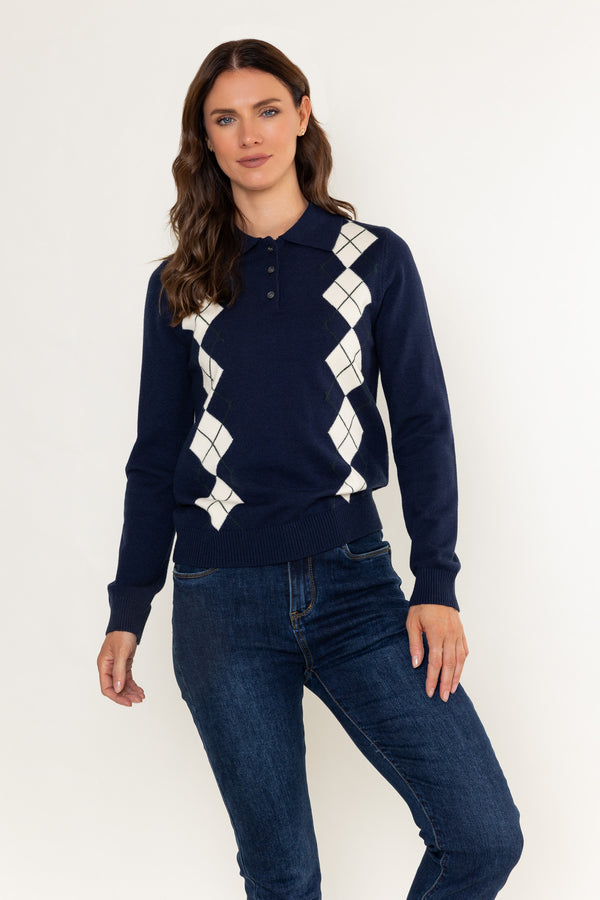 Navy & White Argyle Shirt Collar Knit Jumper