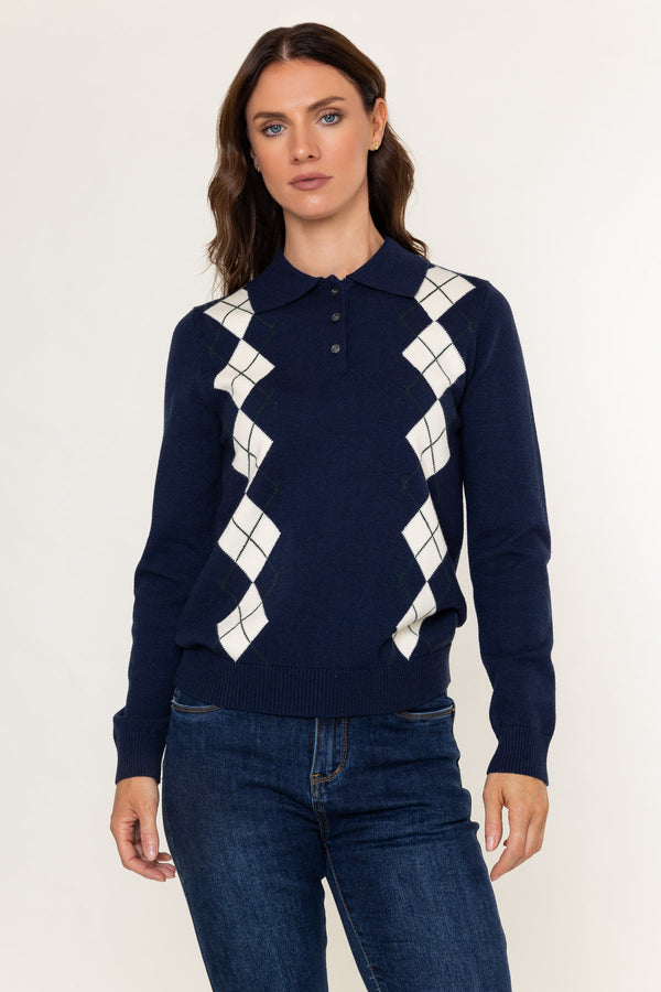 Navy & White Argyle Shirt Collar Knit Jumper