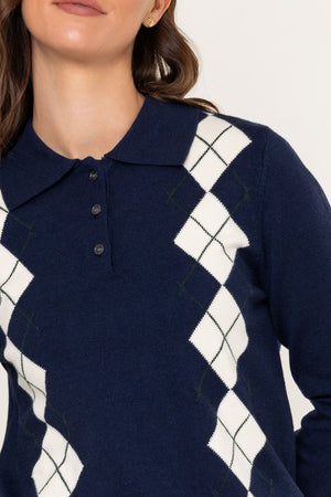 Navy & White Argyle Shirt Collar Knit Jumper