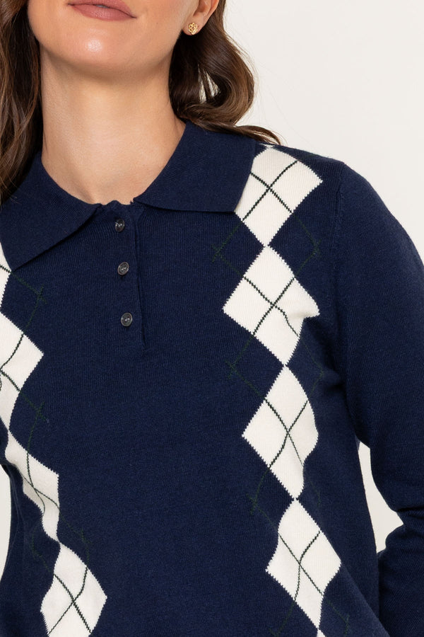 Navy & White Argyle Shirt Collar Knit Jumper