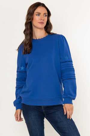 Blue Cotton Blend Broderie Anglaise Sweatshirt