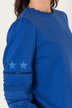 Blue Cotton Blend Broderie Anglaise Sweatshirt