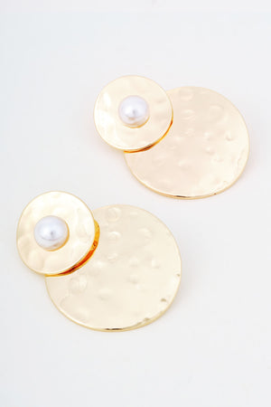Gold Hammered Metal Faux Pearl Double Disc Earrings