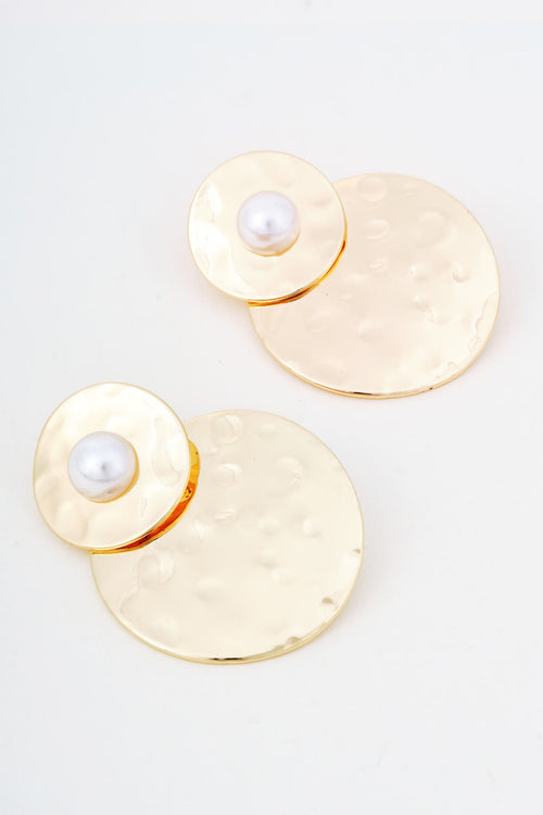Gold Hammered Metal Faux Pearl Double Disc Earrings
