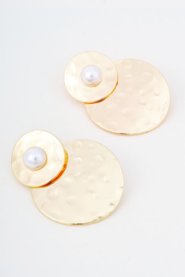 Gold Hammered Metal Faux Pearl Double Disc Earrings