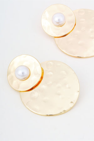 Gold Hammered Metal Faux Pearl Double Disc Earrings