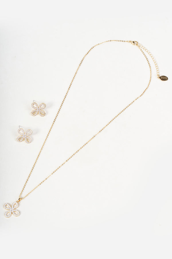 Gold Clear Diamante Clover Pendant Necklace