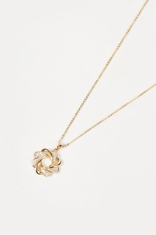 Gold Clear Rhinestone Twist Circle Pendant Necklace