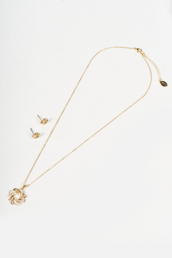Gold Clear Rhinestone Twist Circle Pendant Necklace