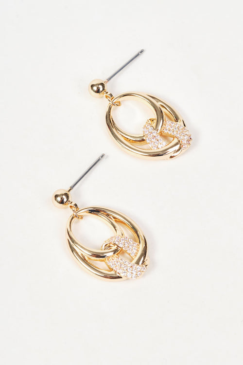 Gold Clear Rhinestone Double Loop Drop Earrings
