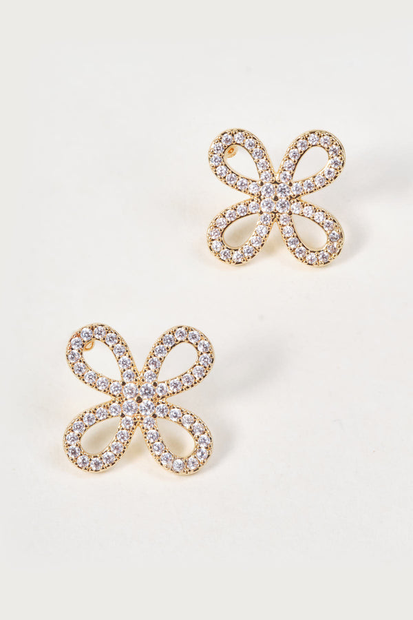 Gold Clear Diamante Clover Stud Earrings