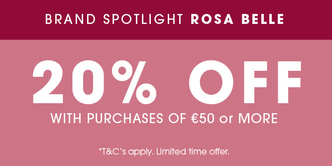 Promotional graphic for Brand Spotlight Rosa Belle offering 20% off with purchases of €50 or more, featuring white text on a dusty pink background with a dark pink header.