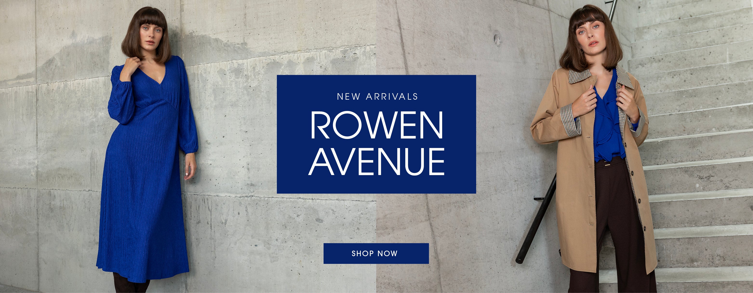 A promotional banner for Rowen Avenue featuring two models against a concrete wall. On the left, a model wears a long-sleeved royal blue dress.