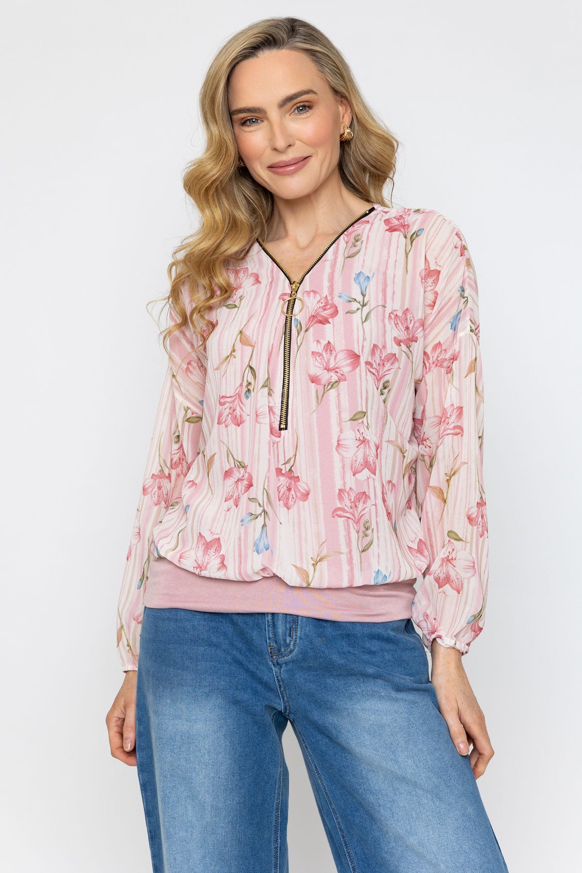 Pink Print Zip Detail Long Sleeve Top
