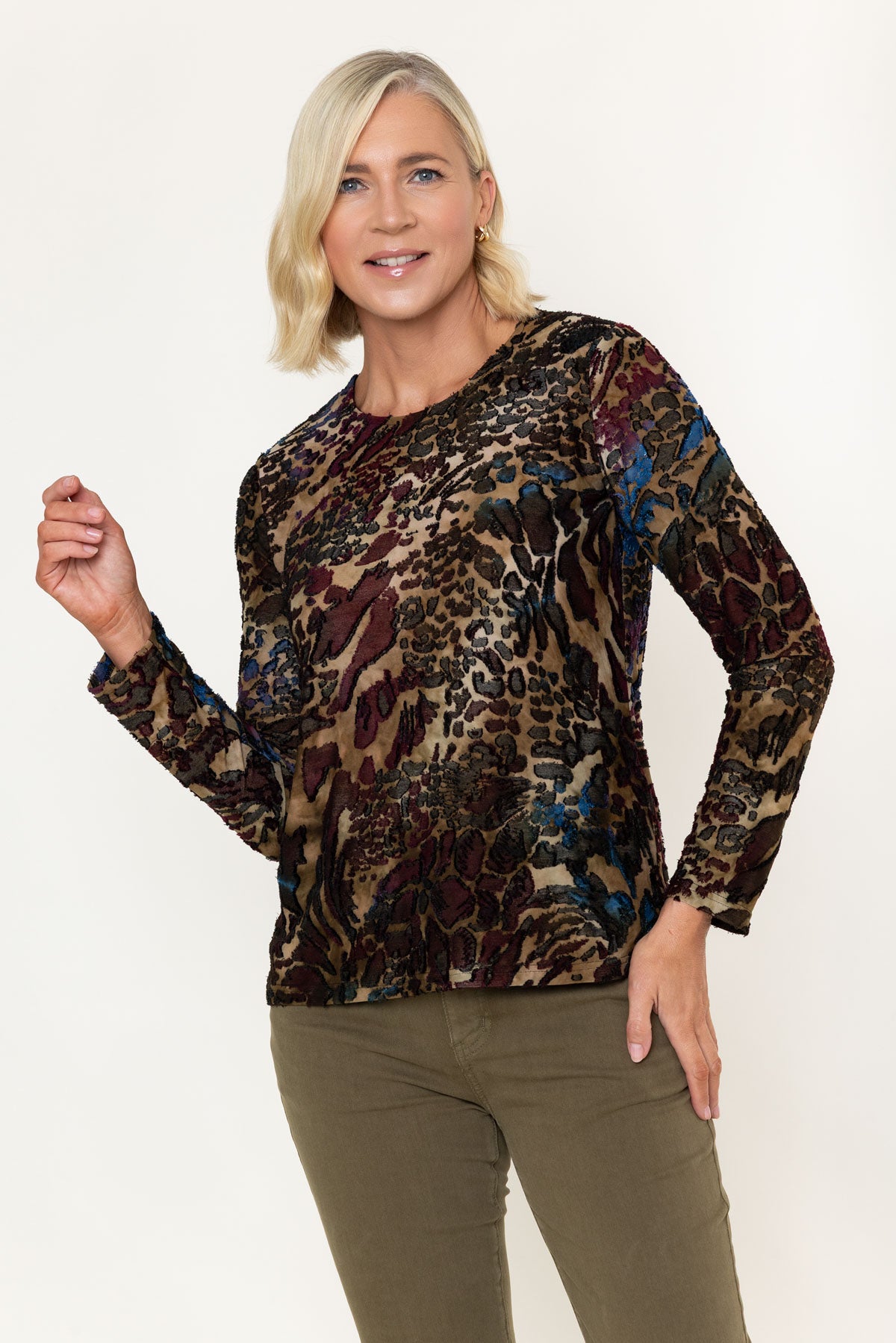 Khaki Abstract Print Burnout Long Sleeve Top