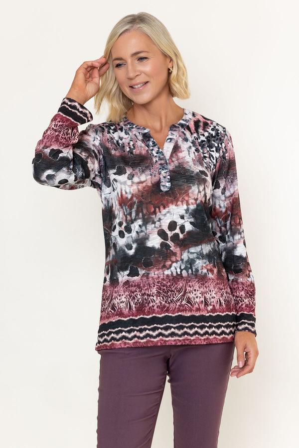 Burgundy Viscose Blend Abstract Print Placket Long Sleeve Top