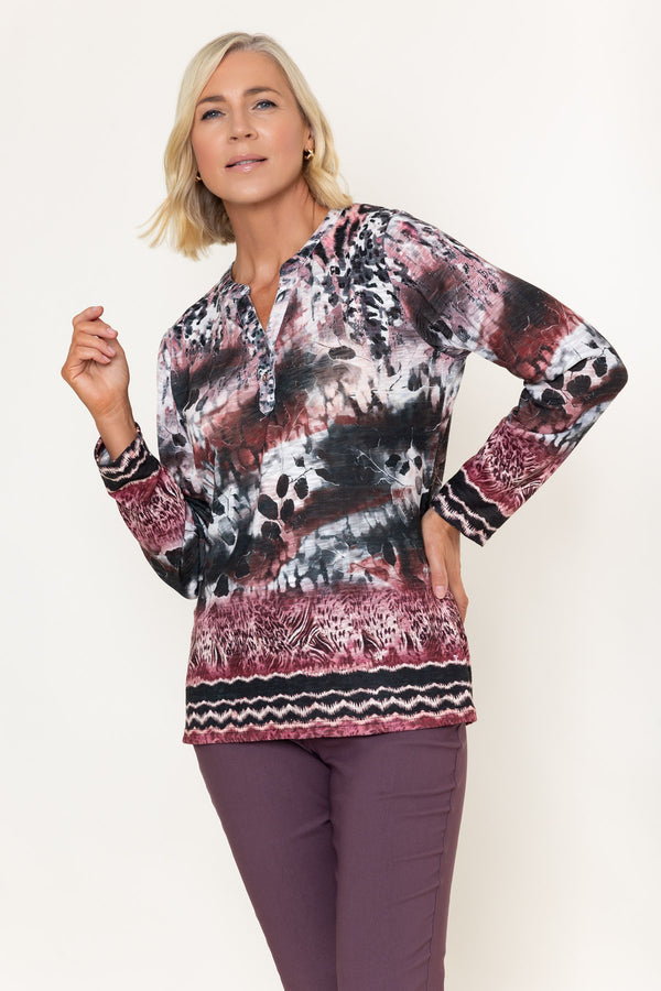 Burgundy Viscose Blend Abstract Print Placket Long Sleeve Top