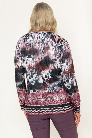 Burgundy Viscose Blend Abstract Print Placket Long Sleeve Top