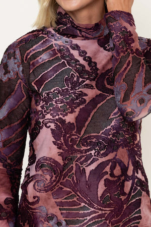 Burgundy Abstract Print Burnout Polo Neck Long Sleeve Top