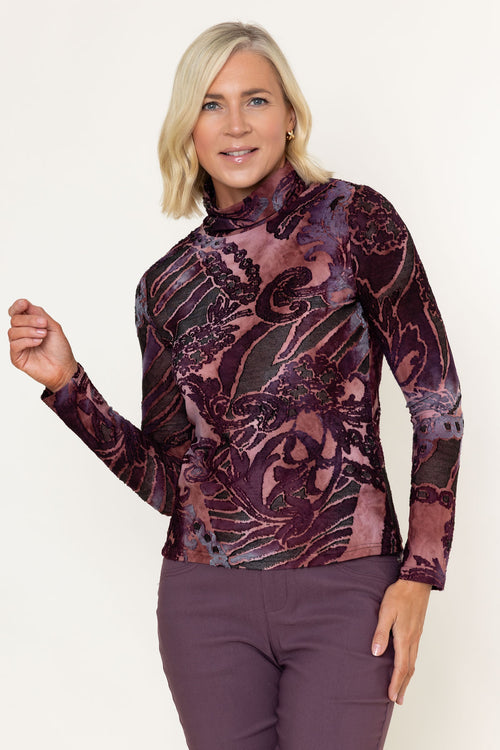 Burgundy Abstract Print Burnout Polo Neck Long Sleeve Top
