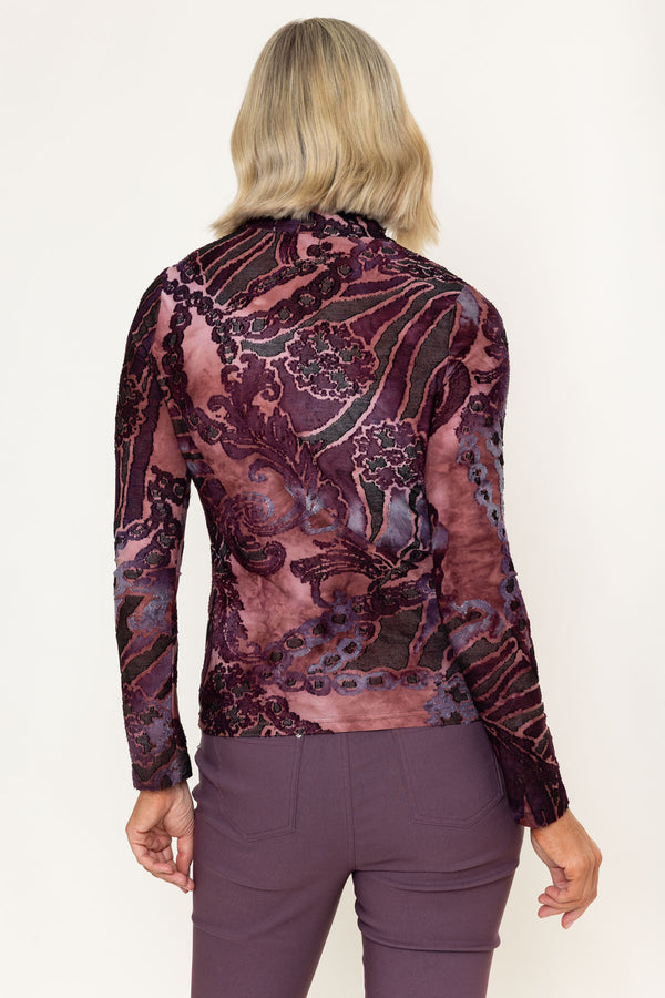 Burgundy Abstract Print Burnout Polo Neck Long Sleeve Top