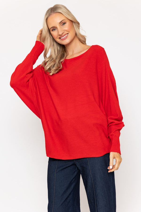Red Batwing Boat Neck Knit Jumper